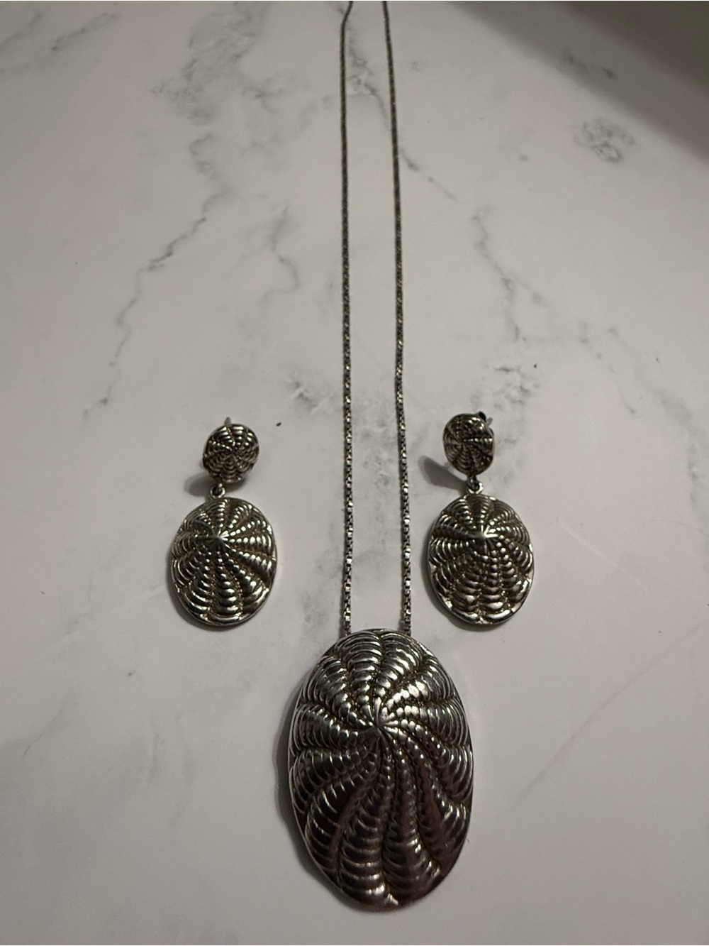 Sterling Silver Oval Swirl Pendant Necklace and Earrings Set